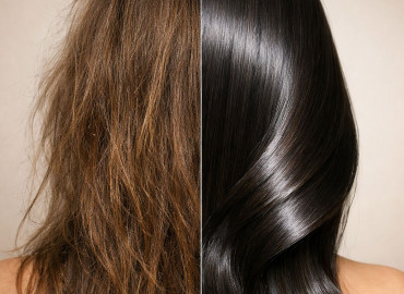 Comparaison avant après de cheveux secs et frisés transformés en cheveux lisses, soyeux et ultra brillants effet miroir