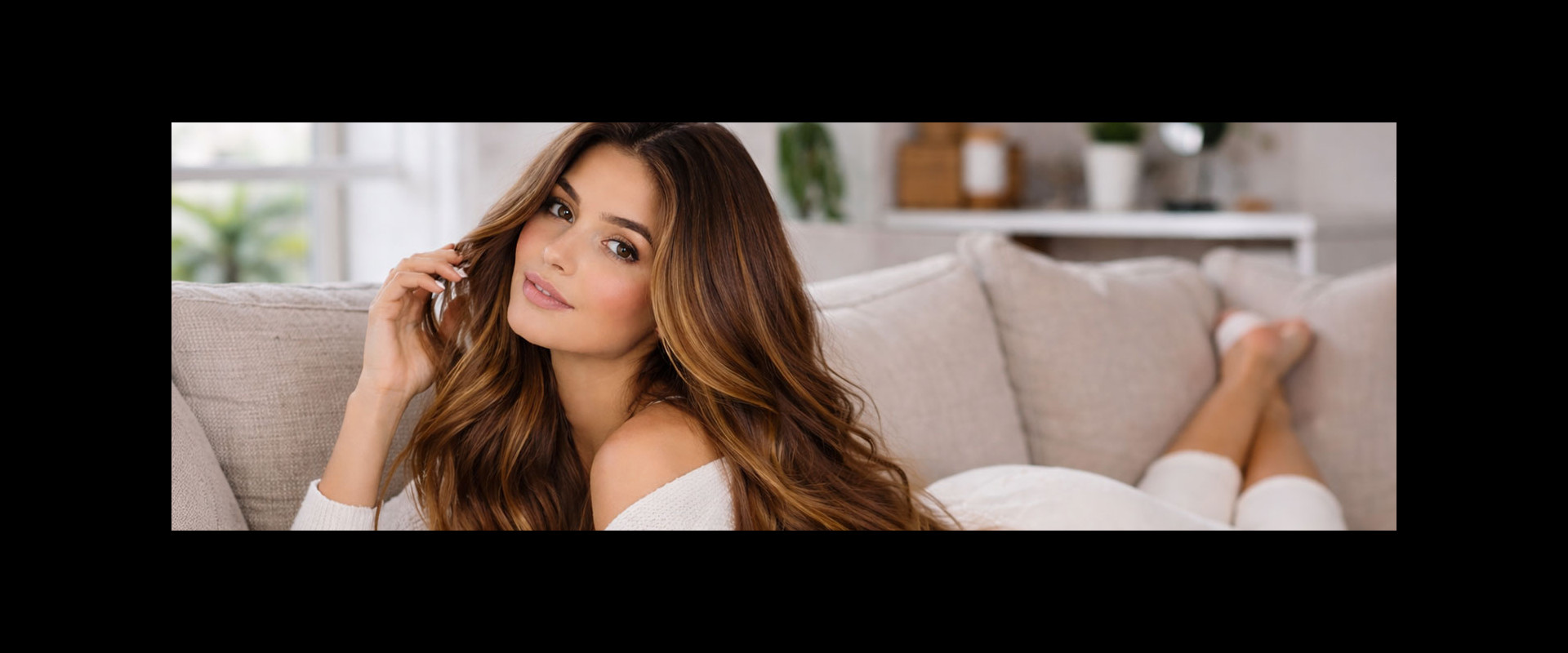 Hair bronzing sur cheveux bruns avec effet lumineux naturel réalisé au salon Aurélien Magnano à Montauban, femme allongée sur canapé mettant en valeur la brillance des cheveux